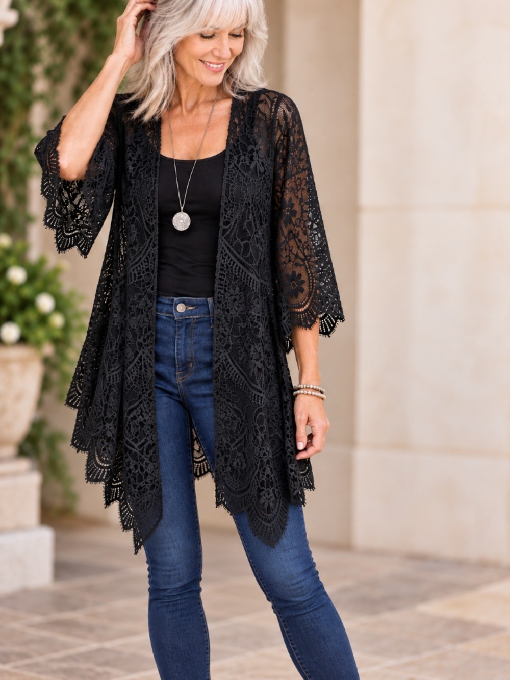 Xhilaration Black Lace Kimono Duster Jacket 3/4 Sleeve Boho Open Front Sz. Small